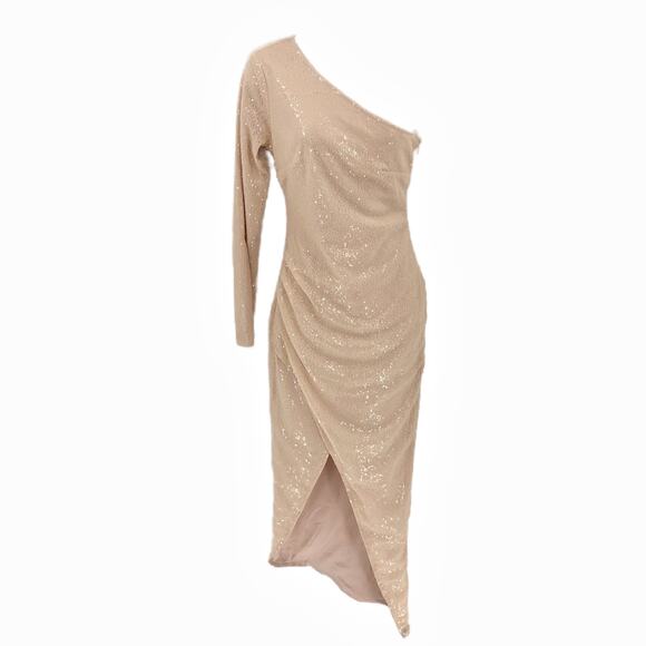 Lulus Womens Deja Vu Gown XS Pink Sequin One Shoulder Tall Slit Tulip Style Hem - Picture 2 of 11
